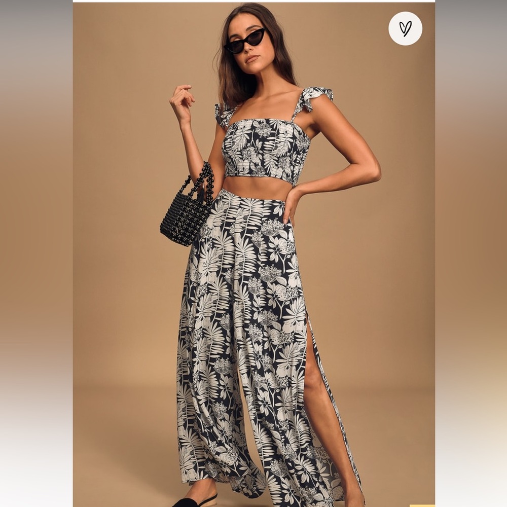 Sol Mates Black Tropical Print Wide-Leg Two Piece Jumpsuit